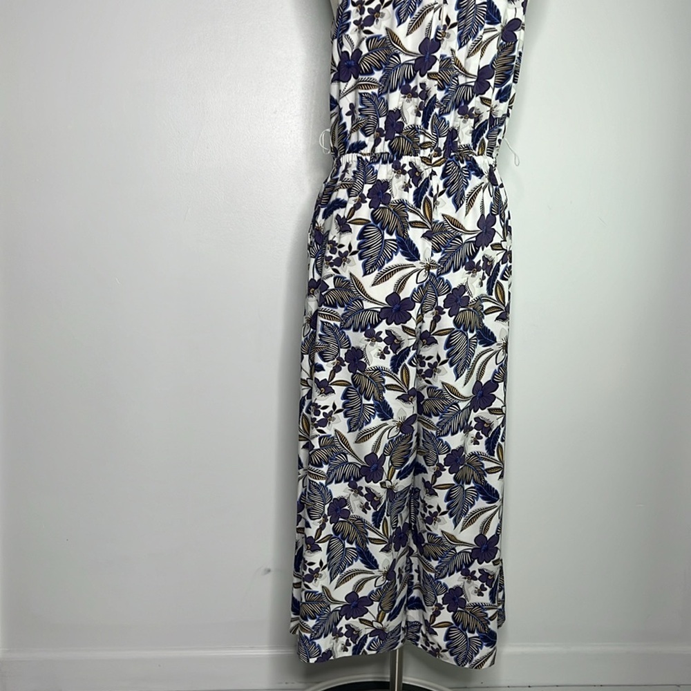 LOFT Purple linen tropical floral print Ruffle Neck Jumpsuit Wide Leg large - Picture 8 of 11